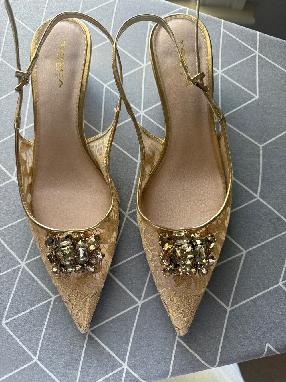 Tocca Gold Lace Pointed Slingback Pumps with Jewel Cluster